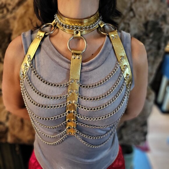 NWOT Leather Chain Chest Harness Bra Festival Leather Top - Picture 7 of 9